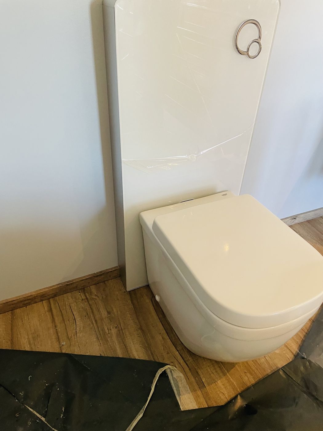 Dusch-WC vor weisser Wand auf Holzoptik-Boden