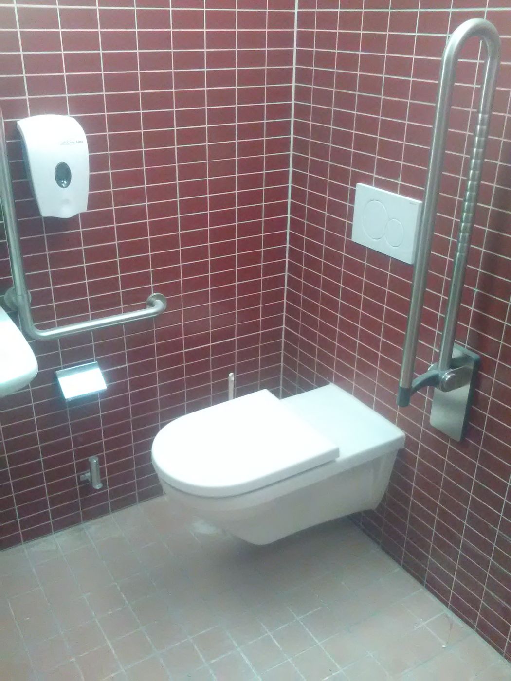 WC mit roten Wandplatten und Haltegriff